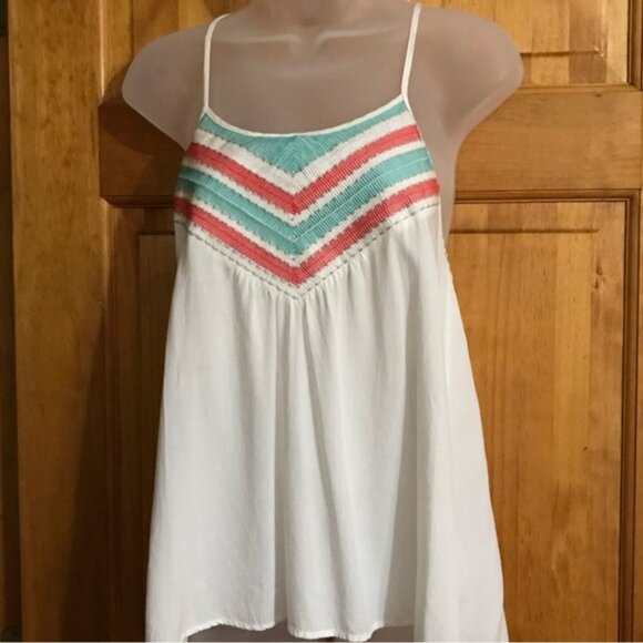 Teal Dove White Spaghetti Strap Razor Back Tank Top w/ Teal & Coral Neckline - Picture 4 of 11
